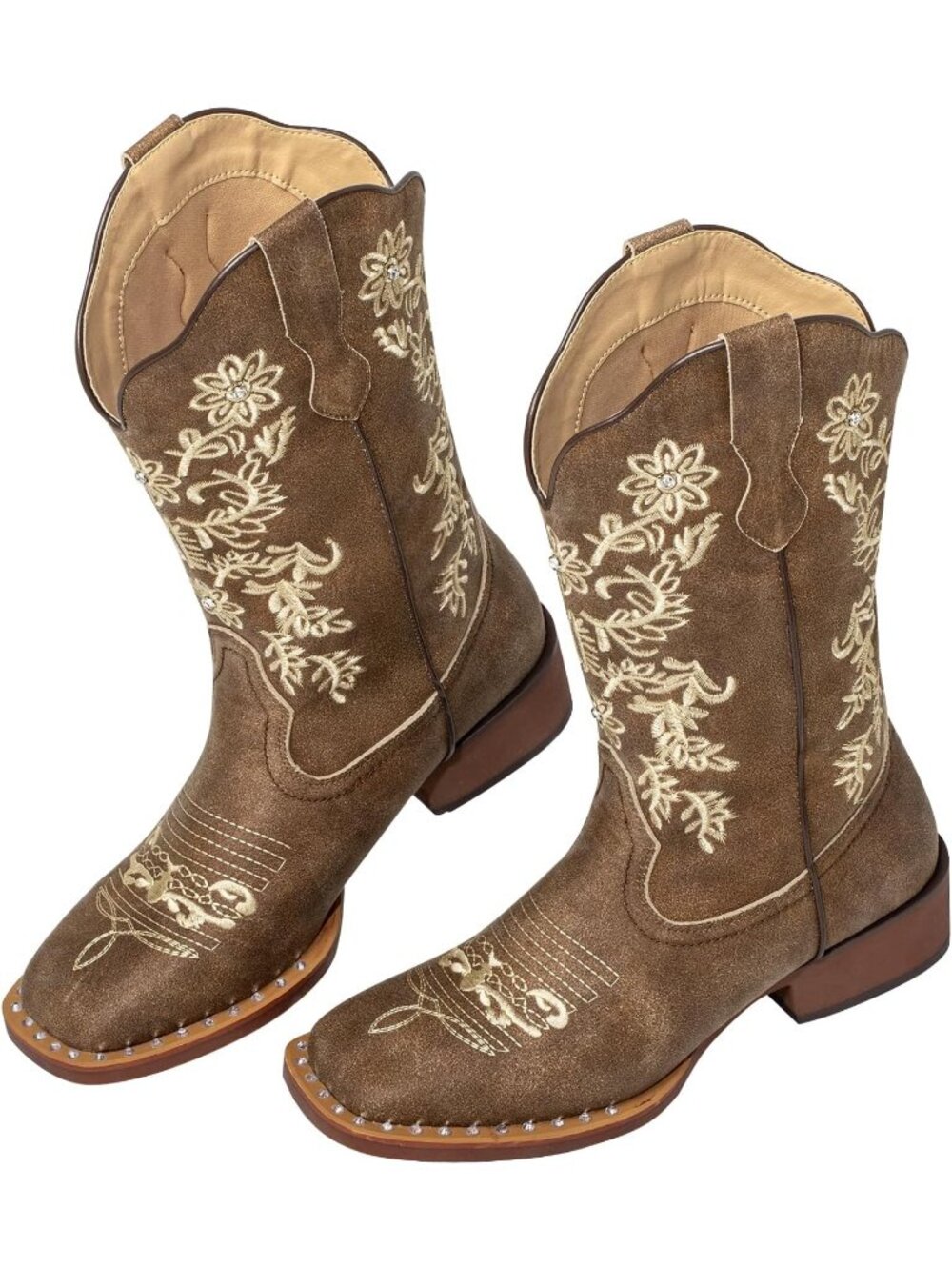 Women's Brown V-Cut Mid-Calf Rhinestone Square Toe Western Sparkle Cowgirl Boots